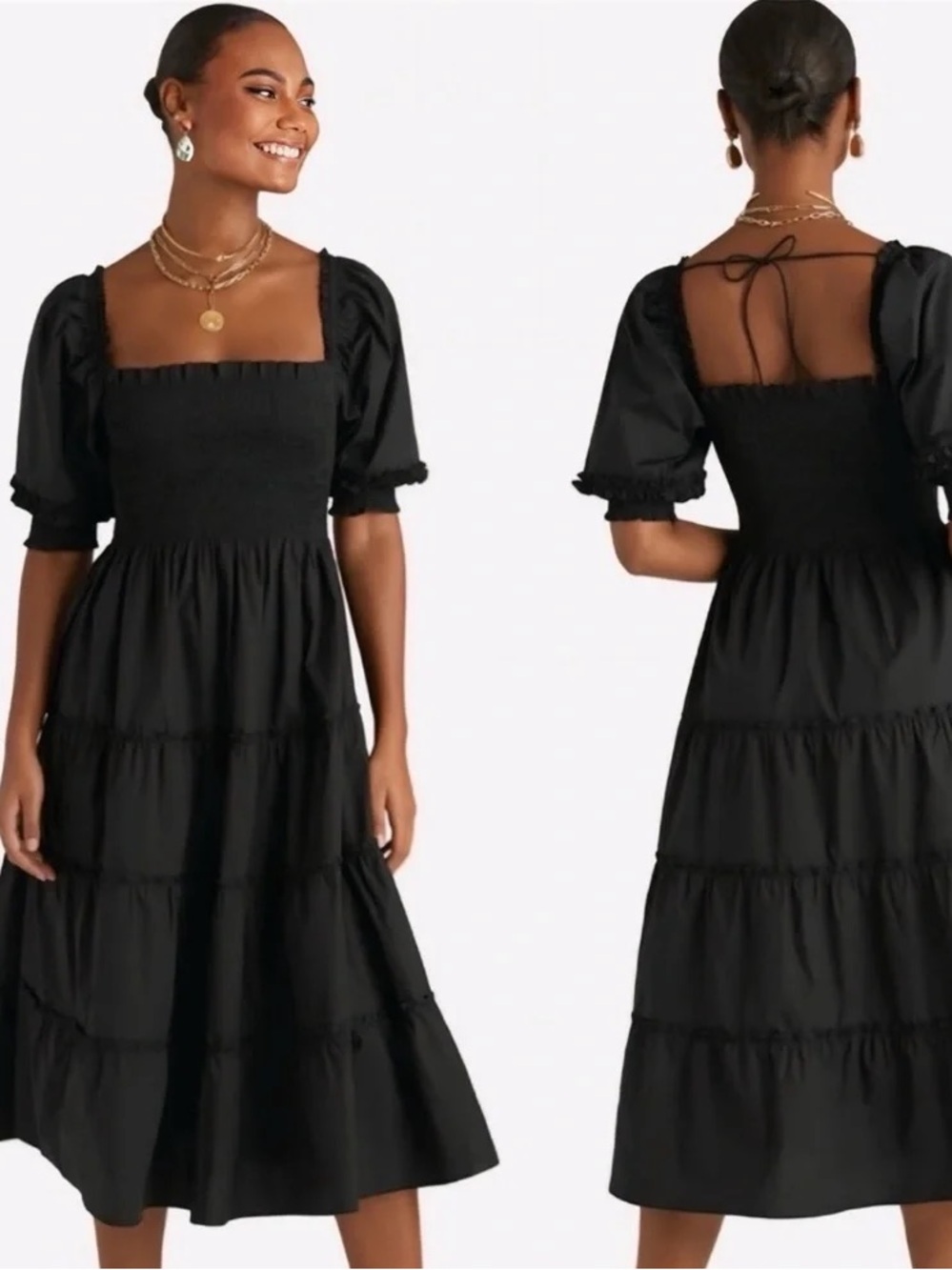 Hill House Women’s XS Nesli Smocked Nap Midi Dress Black Cottagecore Ruffle